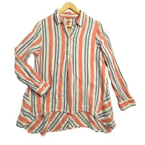 Artisan NY Linen Blue Red White Stripe Long Sleeve Blouse